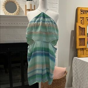 Striped Halter Romper with Green and Blue Sequins. Cut-out on sides.